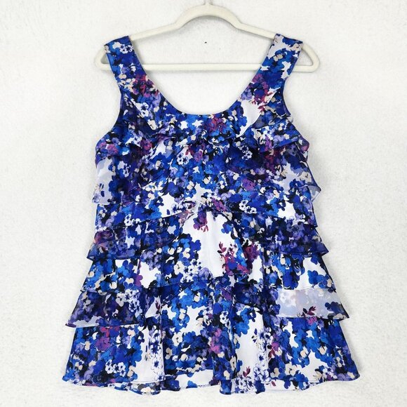 WHBM Shirt Womens Medium Blue Purple Tiered Ruffle Sleeveless Casual Top - Picture 1 of 10